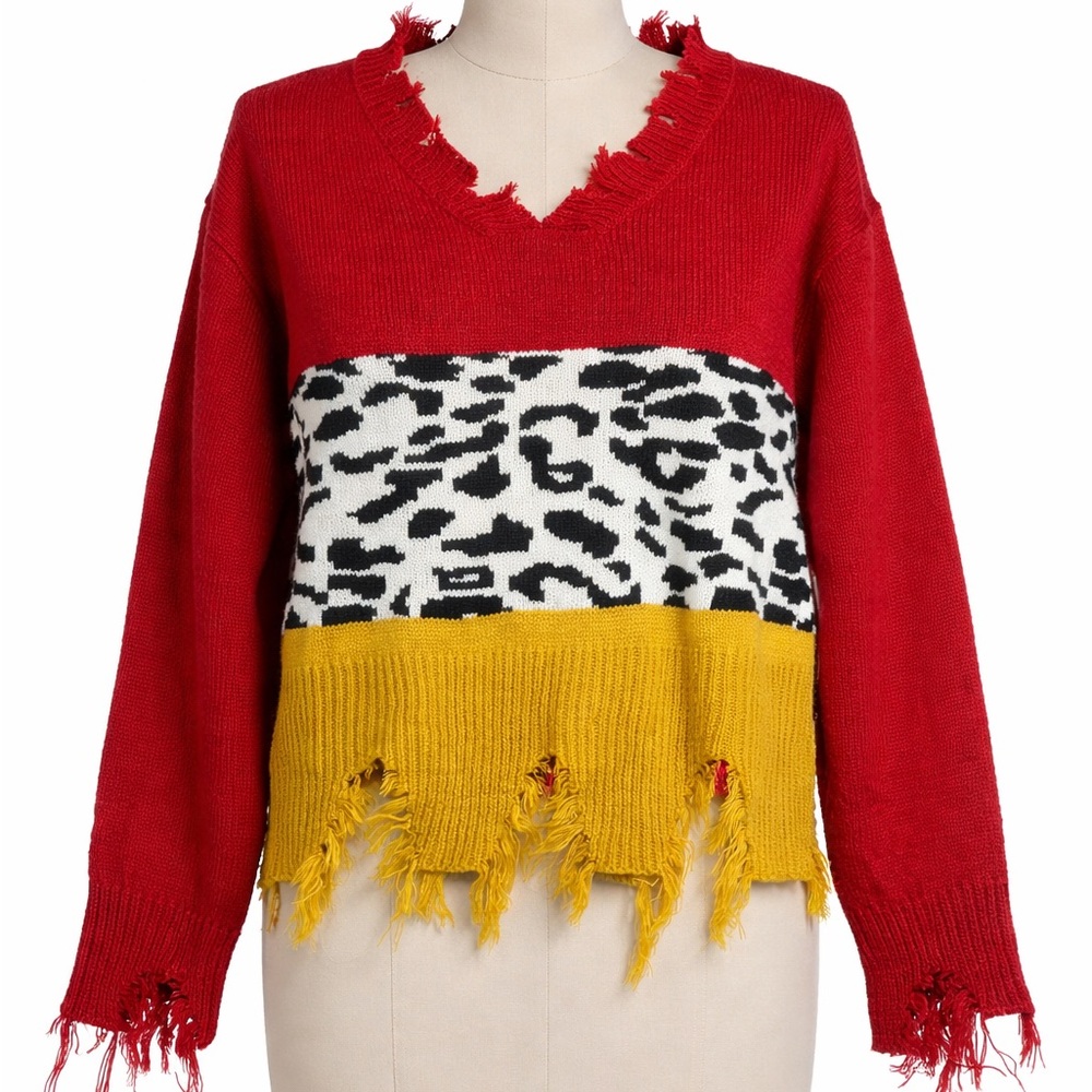 Red Distressed Colorblock Sweater Leopard Print Yellow Fringe Size L